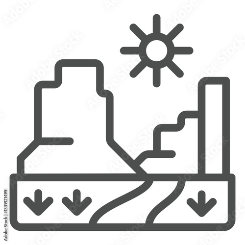 Grand canyon with sun line icon, west desert concept. Vector graphics. American valley landscape sign on white background, outline style icon for mobile or web design.