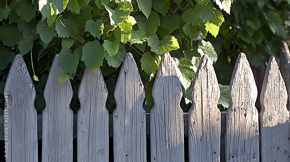 Fototapeta premium Wooden Fence Against Lush Green Leaves, Natural Contrast with Textured Panels and Sunlight Shadows