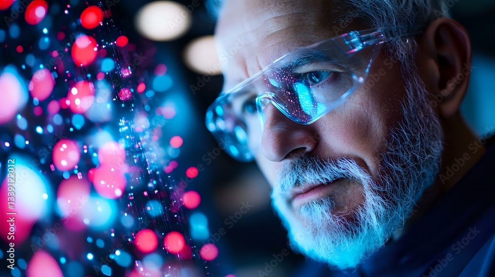 Senior Caucasian scientist with gray beard wearing protective glasses examines glowing red particles against dark background with dramatic blue lighting.