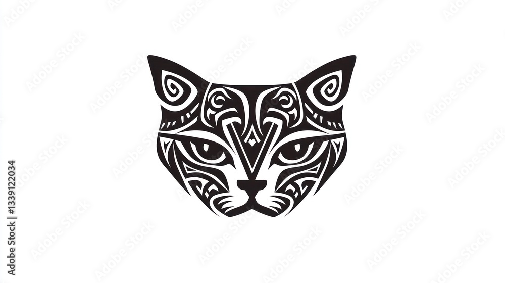 Fototapeta premium Tribal cat face, white background, design element, tattoo art