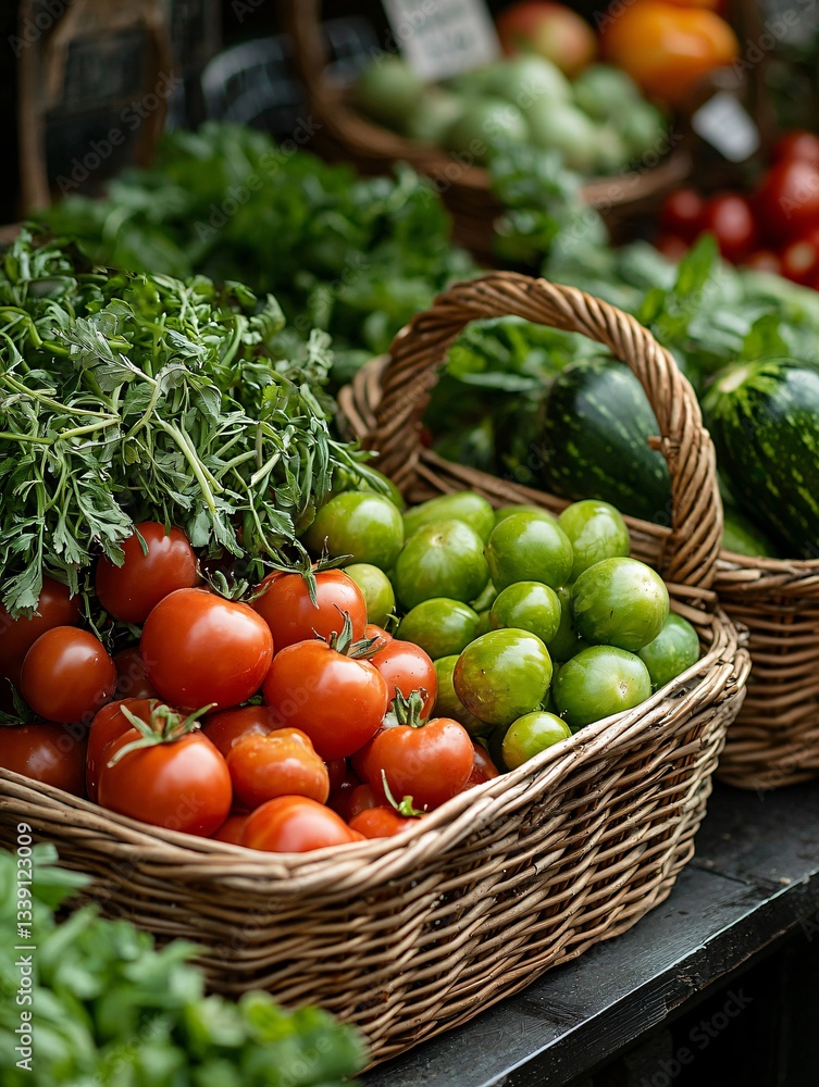 Baskets Overflowing with Fresh Vegetables Farmers Market Market Scene Outdoor Setting Close-Up View Vibrant Produce Display Baskets Overflowing with Fresh Vegetables Farmers Market Market Scene Outdoor Setting Close-Up View Vibrant Produce Display