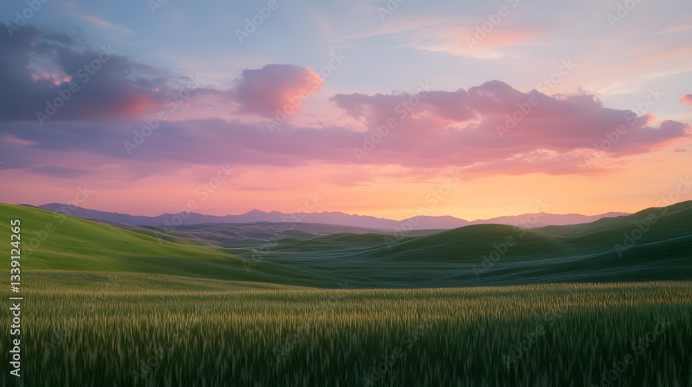 Fototapeta premium Experience the Magic of Sunset Over Rolling Hills: A Majestic Panoramic View of Nature's Canvas