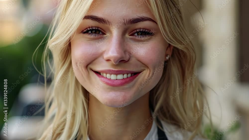 Cheerful blonde waitress interacting with customers at an outdoor cafe during a sunny day, Cheerful blonde woman waitress looking to the side and at the camera in the cafe outdoors Cheerful blonde waitress interacting with customers at an outdoor cafe during a sunny day, Cheerful blonde woman waitress looking to the side and at the camera in the cafe outdoors