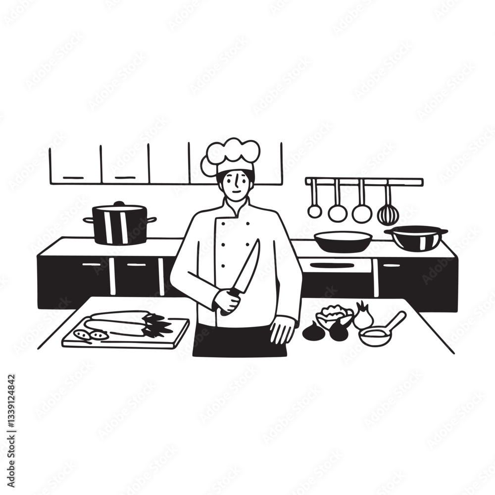 Chef Vector Line Art, restaurant and catering, vector illustration. Chef Vector Line Art, restaurant and catering, vector illustration.