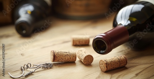 Opened Red Wine Bottle and Corks on Wooden Table