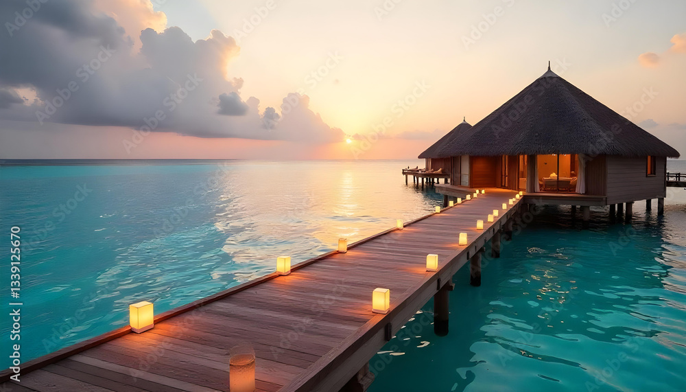 Obraz premium A luxurious overwater bungalow resort in the Maldives, with wooden walkways extending over the calm ocean under a bright blue sky