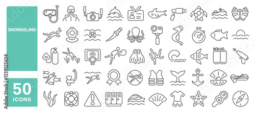 Set of 50 line icons related to snorkeling, scuba, diving, diver, underwater, camera, oxygen cylinder, goggles, wetsuit, fins, snorkel, Editable stroke. Vector illustration