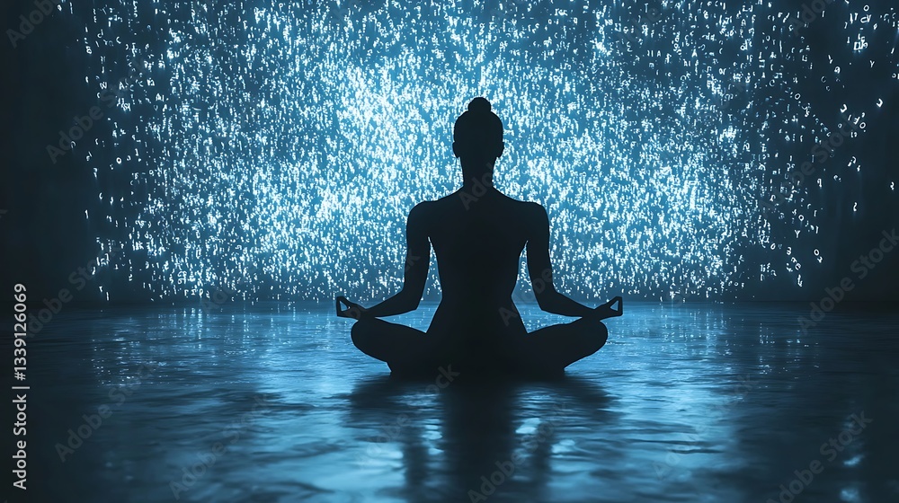 Silhouetted woman in meditation posture, bathed in ethereal blue light Silhouetted woman in meditation posture, bathed in ethereal blue light