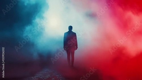 A man is walking through a foggy, smoke-filled room. The room is filled with red and blue smoke, creating a surreal and mysterious atmosphere. smooth repeating motion for background video animation