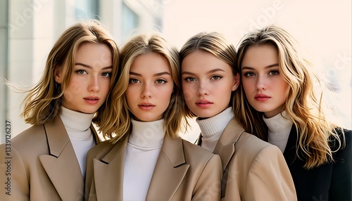 Two young women posing together, wearing beige blazers and white turtlenecks. photo