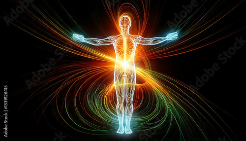 Mesmerizing abstract image of a human figure enveloped in vibrant energy streams.  Perfect for concepts of health, spirituality, energy healing, and technology.