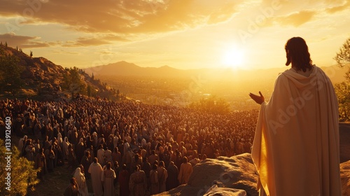 A stunningly realistic image of Jesus Christ on the right hand of the image, standing on a hill, speaking to a large crowd, wearing a flowing robe, golden sunlight filtering through the sky