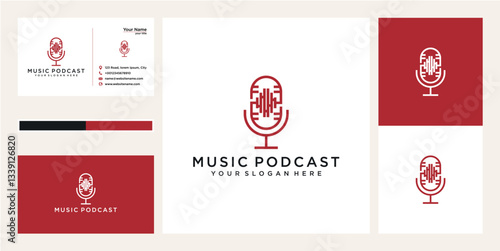 Pixel Art Microphone Music Podcast Logo Design Red White Business Card Branding