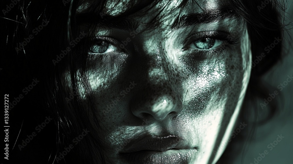 A melancholic face partially hidden by shadows, tears glowing softly A melancholic face partially hidden by shadows, tears glowing softly
