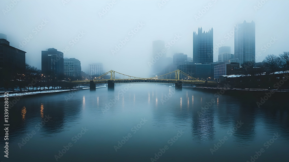 Fototapeta premium Misty River Bridge Cityscape