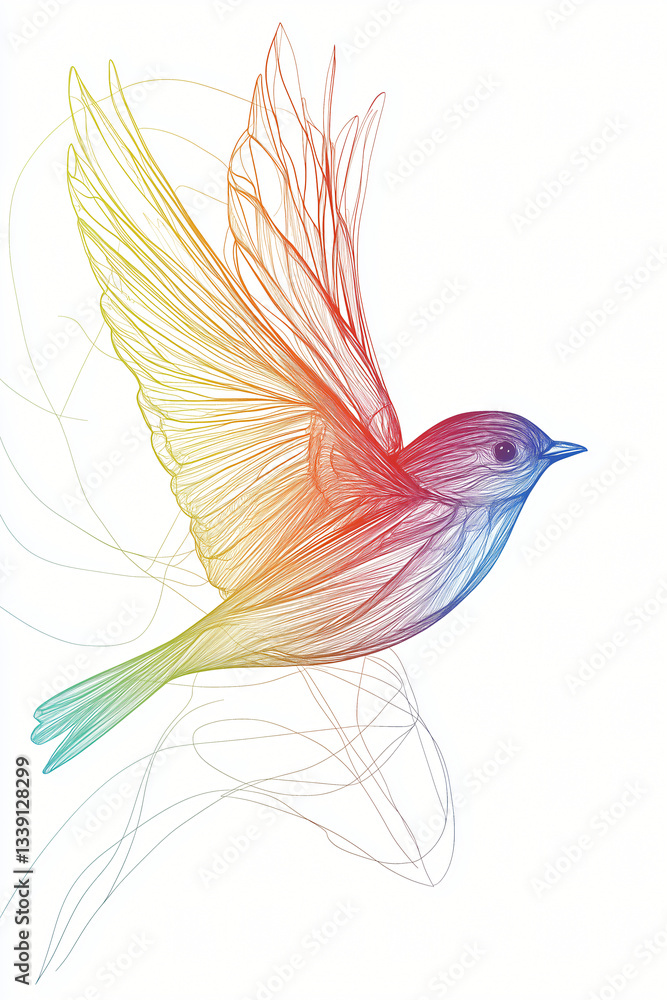 Obraz premium Rainbow Bird in Flight: An artistic illustration captures a vibrant bird mid-flight, its feathers depicted in a spectrum of colors, symbolizing freedom and a light spirit.
