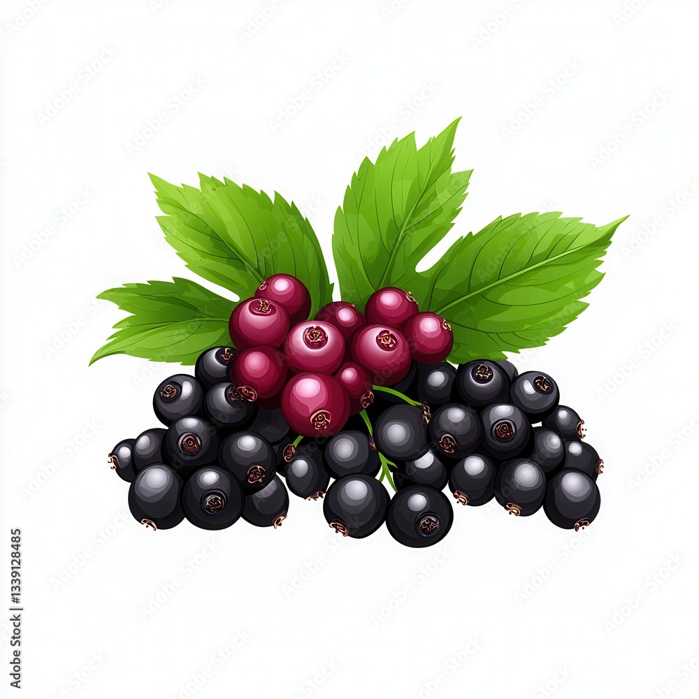 Fresh Blackcurrants and Redcurrants with Green Leaves Illustration on White Background