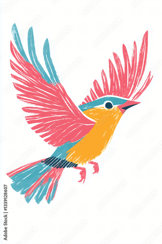 Obraz premium Colorful Bird in Flight: A vibrant illustration of a bird in full flight, showcasing a dynamic pose with outstretched wings, captured with a creative and artistic flair. 