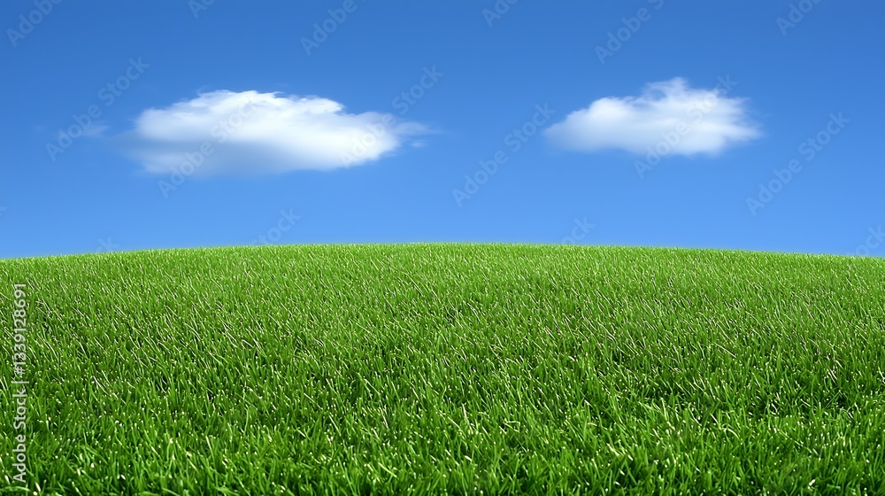 Lush Green Grass Field Under Clear Blue Sky with Soft White Clouds in a Bright Sunny Day Lush Green Grass Field Under Clear Blue Sky with Soft White Clouds in a Bright Sunny Day