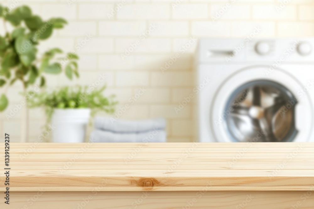 Wood countertop in a laundry room setting, perfect for displaying items or creating a mock-up Wood countertop in a laundry room setting, perfect for displaying items or creating a mock-up