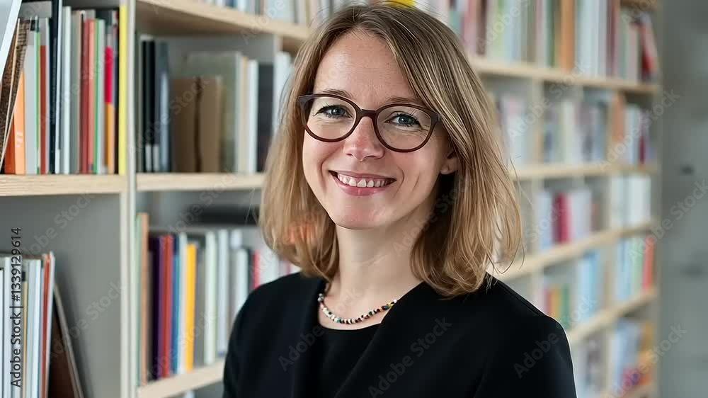 Professional woman smiling in a modern office library, surrounded by books and natural light Professional woman smiling in a modern office library, surrounded by books and natural light