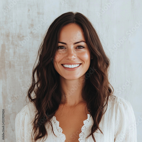 Portrait of smiling happy woman with white blouse and white background. long Brunette hair