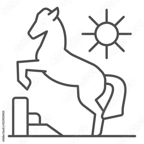 Mustang ridge horse thin line icon, west desert concept. Vector graphics. Sun, shiny weather and horse animal sign on white background, outline style icon for mobile or web design.