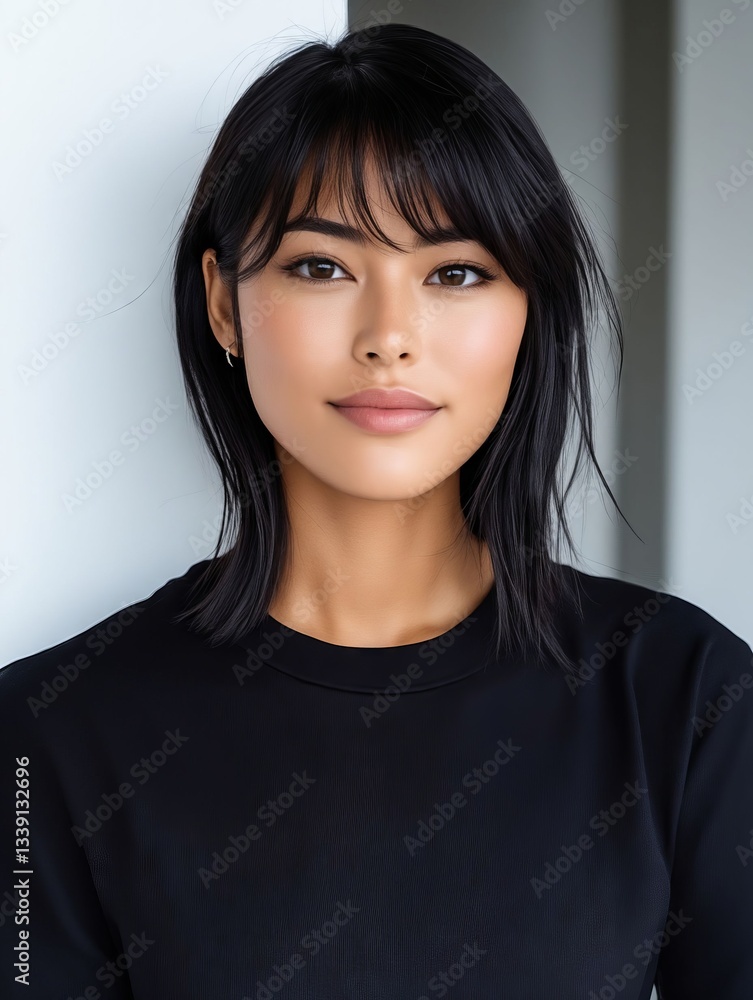 A woman with black hair and bangs wearing a black top A woman with black hair and bangs wearing a black top