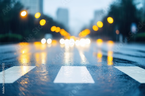 Rainy Street Scene with Blurred Lights and Wet Pavement at Night