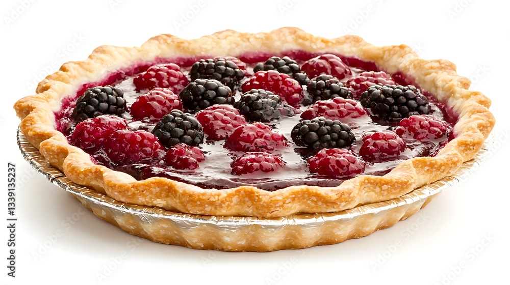Freshly Baked Mixed Berry Pie with Glossy Topping and Flaky Crust on White Background Freshly Baked Mixed Berry Pie with Glossy Topping and Flaky Crust on White Background