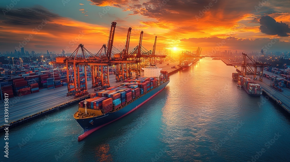 Obraz premium An industrial port with towering cranes and containers, a cargo ship speeding away 