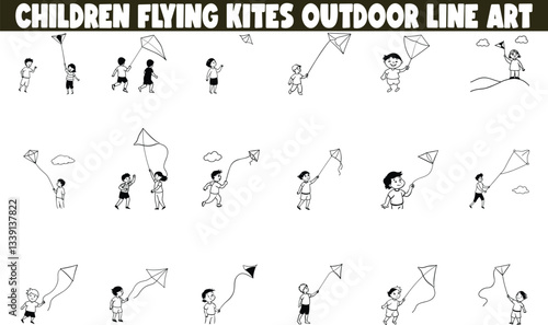 Children Flying Kites Outdoor Line Art Illustrations Collection