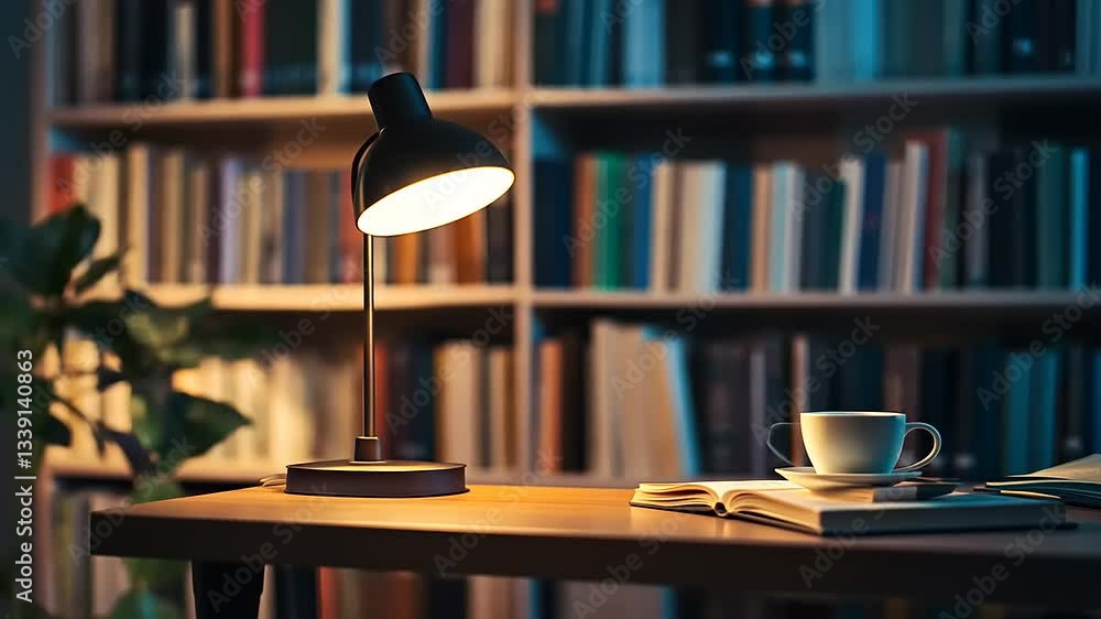 Cozy study corner with a lamp illuminating an open book and a coffee cup, surrounded by bookshelves Cozy study corner with a lamp illuminating an open book and a coffee cup, surrounded by bookshelves