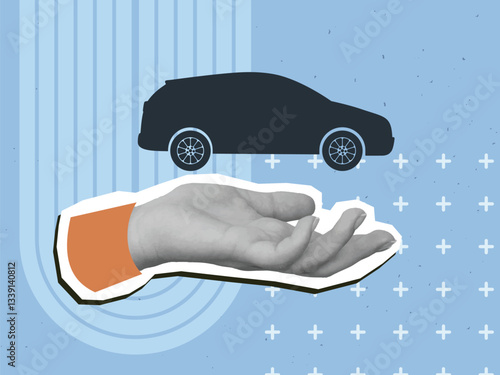 Black and white hand holds a black crossover car silhouette. Modern collage style. Vector illustration