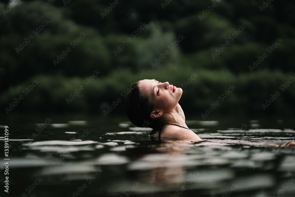 Fototapeta premium young woman swims in the pond and enjoys, rest in the lake river.