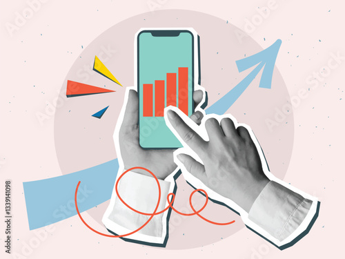 Black and white hands in a white shirt holding a phone with a growing graph on screen. Modern collage style. Vector illustration
