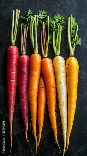 Six colorful carrots arranged vertically on dark background, showcasing vibrant hues and natural textures, representing freshness and healthy eating photo