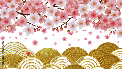 Elegant Pink Cherry Blossom and Gold Wave Design Luxury Floral Wallpaper