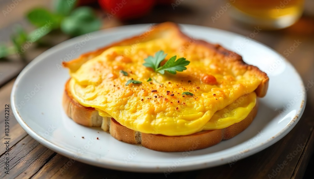 food Photography, 5-minute cooked omelette on toasted bread, no black pepper, with toast on white plate food Photography, 5-minute cooked omelette on toasted bread, no black pepper, with toast on white plate