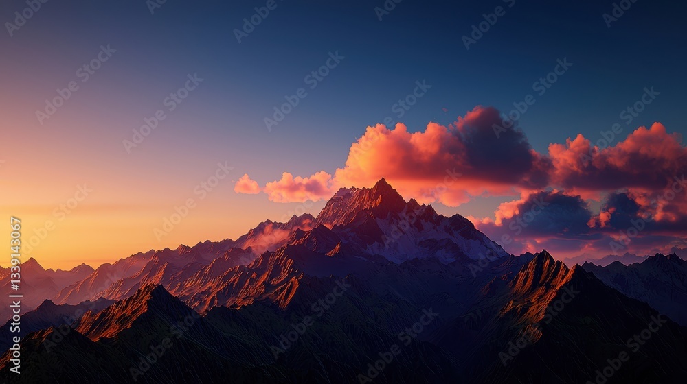 Majestic Mountain Range Surrounded by Lush Green Valleys and Clear Sky Majestic Mountain Range Surrounded by Lush Green Valleys and Clear Sky