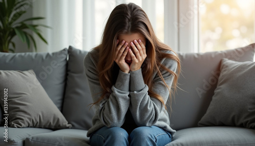 Woman expressing sadness while sitting on a sofa indoors -