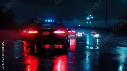 Police car driving on wet road at night. The scene is dark and gloomy. Smooth repeating motion for background video animation