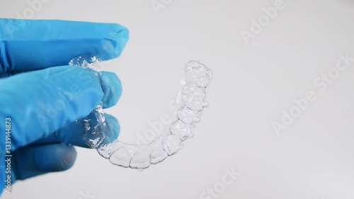 A man in gloves holds in his hand transparent aligners plastic braces retainers for straightening teeth on a white background