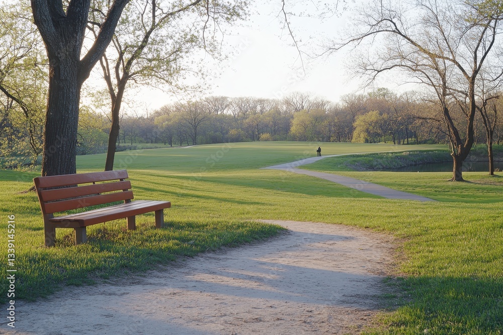 Peaceful Pathway Through Lush Green Park Under Soft Evening Light Peaceful Pathway Through Lush Green Park Under Soft Evening Light