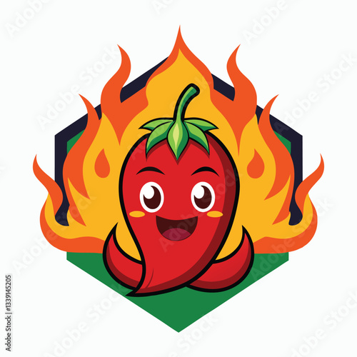  Fiery and fun chili pepper mascot with flames, perfect for hot sauce branding, restaurant logos, or food-related designs. Vector illustration.