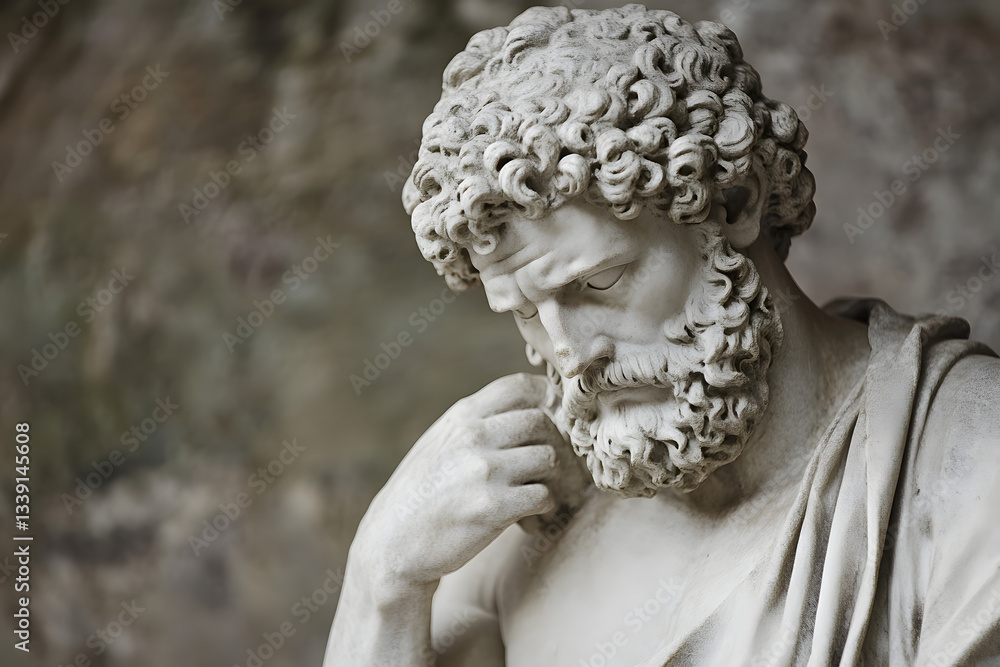 Fototapeta premium Greek sculpture of an old stoic man, roman god statue, white creme background