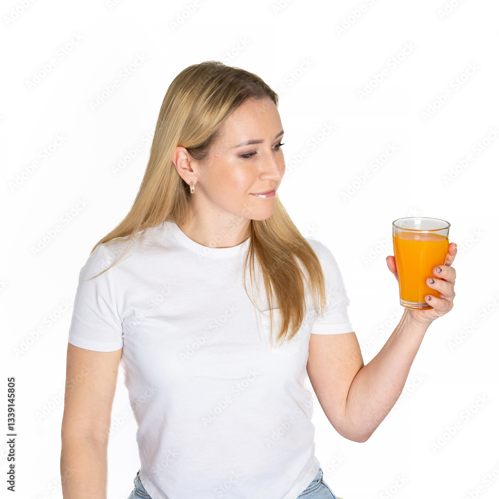 Young blonde woman with orange juice glass isolated white background holding juice. Portrait of woman in white t-shirt with cup of drink. Mockup. Young blonde woman with orange juice glass isolated white background holding juice. Portrait of woman in white t-shirt with cup of drink. Mockup.