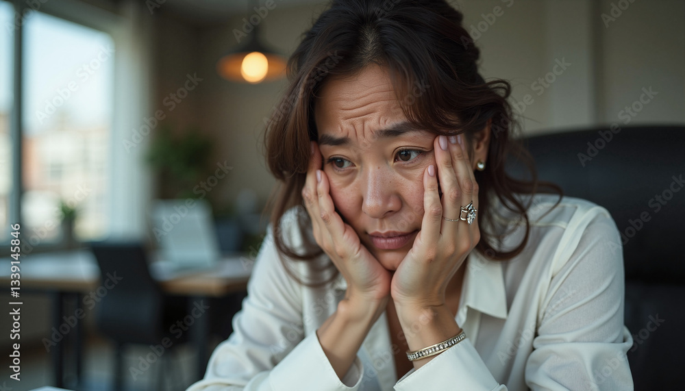 Stressed woman showing concern in a modern office Stressed woman showing concern in a modern office