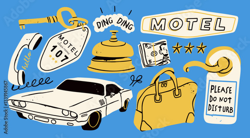 Motel, hotel items set. Various isolated objects. Phone, ring bell, key, suitcase, cash, car, disturb room sign. Hand drawn Vector illustration. Hostel, tourist service, hospitality, vacation concept