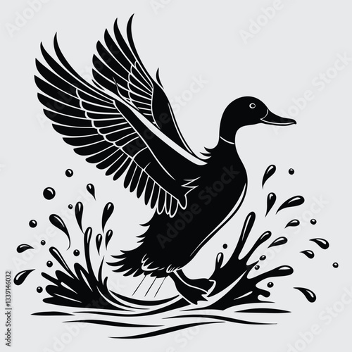 A duck splashing in the water image silhouette design vector art and illustration
